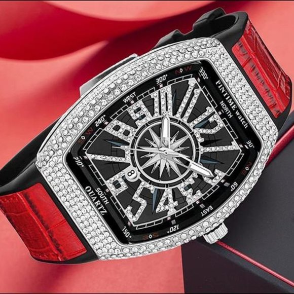 Mens Red/Silver Iced Out Diamond Bling Watch for Men